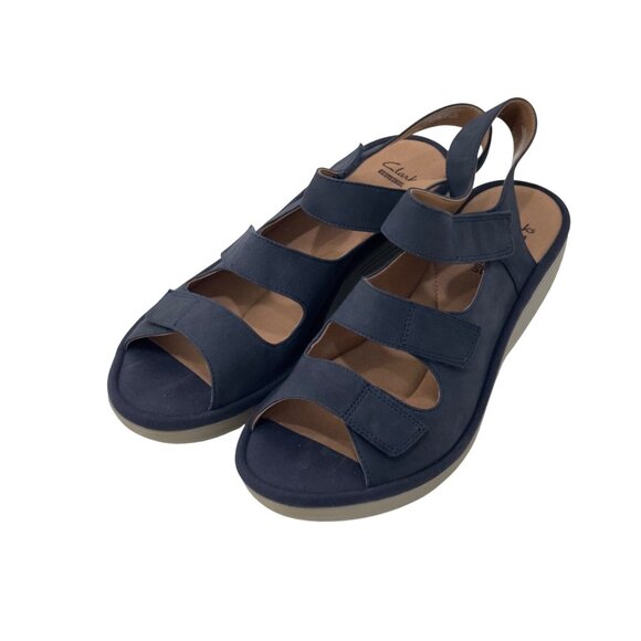 Clarks Navy Blue Nubuck Adjustable Strap Wedge Sandals Women Size 9.5M Comfort - Picture 13 of 14